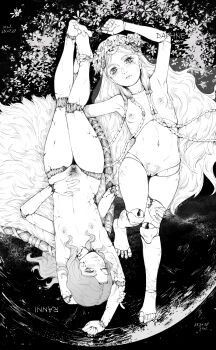 2girls absurdres armpits arms_up barefoot blush braid breasts character_name closed_mouth collarbone cracked_skin dated doll_joints elden_ring elden_ring_nightreign extra_arms flat_chest full_body greyscale head_wreath highres joints long_hair looking_at_viewer monochrome multiple_girls navel nipples one_eye_closed parted_lips pubic_hair pussy ranni_the_witch revenant_(elden_ring) signature small_breasts stomach trait_connection user_yuta3532 very_long_hair
