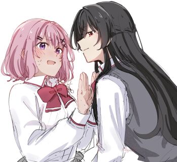 2girls amaori_renako artist_name ashigaya_high_school_uniform black_hair blush bow bowtie braid collared_shirt commentary_request hair_ornament hairclip half_up_braid hands_up highres kage_ochi koto_satsuki long_hair long_sleeves looking_at_another medium_hair multiple_girls nervous open_mouth parallel_hairclips pink_hair purple_eyes red_bow red_bowtie red_eyes school_uniform shirt simple_background sweat sweater_vest watashi_ga_koibito_ni_nareru_wake_naijan_murimuri! white_background white_shirt x_hair_ornament yuri