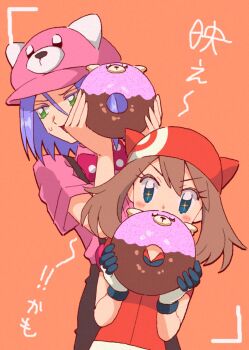 1boy 1girl bewear donut food gen_7_pokemon happy highres james_(pokemon) macchiromomomo may_(pokemon) nintendo orange_background pokemon pokemon_(anime) pokemon_rse_(anime) pokemon_sm_(anime) worried
