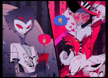 3boys ama0805 angel_dust blitzo_(helluva_boss) coat colored_skin demon_boy fur-trimmed_coat fur_trim hazbin_hotel heart heart-shaped_eyewear hellaverse helluva_boss highres looking_at_viewer middle_finger multiple_boys pink_coat purple_skin red_eyes sharp_teeth stolas_(helluva_boss) teeth valentino_(hazbin_hotel)