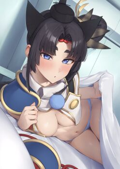 1girl black_hair blue_eyes blue_panties breast_curtains breasts commentary_request fate/grand_order fate_(series) highres looking_at_viewer lying medium_breasts navel on_bed on_side panties pinta_(ayashii_bochi) short_hair solo stomach thick_eyebrows thighs under_covers underwear ushiwakamaru_(fate)