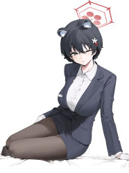 Rule 34 | 1girl, absurdres, animal ear fluff, animal ears, black hair, black jacket, black pantyhose, blue archive, blush, breasts, collared shirt, commentary, flower, formal, gloves, grey eyes, hair between eyes, hair flower, hair ornament, halo, highres, jacket, lapels, large breasts, mark jin, name tag, notched lapels, official alternate costume, on bed, one eye closed, pantyhose, pencil skirt, raccoon ears, red halo, shirt, short hair, sitting, skirt, solo, suit, suit jacket, translated, tsubaki (blue archive), tsubaki (guide) (blue archive), white background, white gloves, white shirt, yokozuwari