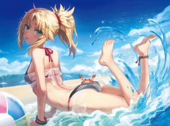 1girl :p absurdres ankleband anklet arched_back ass bare_shoulders barefoot beach bikini black_bikini blonde_hair blue_sky blush braid breasts cloud commentary_request crab day fate/apocrypha fate/grand_order fate_(series) feet feet_up flexible green_eyes hair_ornament hair_scrunchie half_up_braid highres jewelry legs long_hair looking_at_viewer lying medium_breasts mordred_(fate) mordred_(fate/apocrypha) on_stomach outdoors parted_bangs partially_submerged ponytail red_scrunchie scrunchie side-tie_bikini_bottom sidelocks sky smile soles solo swimsuit thighs toes tonee tongue tongue_out water