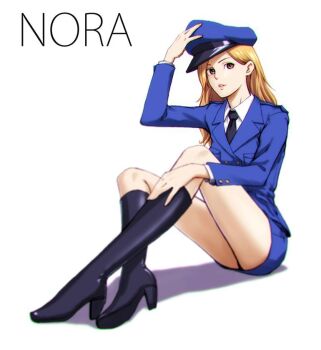 1girl black_necktie blonde_hair brown_eyes commentary full_body hat kaburagi_yuki long_hair looking_at_viewer miniskirt necktie nora_no_hakobune nora_scholar simple_background sitting skirt solo white_background