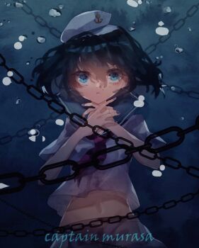 1girl air_bubble anchor_symbol black_hair blue_eyes bubble chain character_name commentary_request fingernails green_sailor_collar hands_on_own_neck hat looking_at_viewer midriff murasa_minamitsu navel neckerchief one-hour_drawing_challenge peaked_cap purple_nails red_neckerchief sailor_collar shinjitsu_no_kuchi shirt short_hair short_sleeves shorts solo touhou underwater upper_body water white_hat white_shirt white_shorts