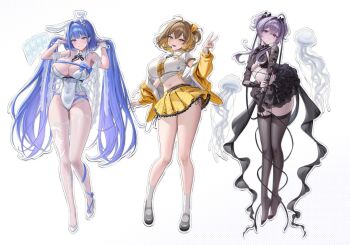 3girls acrylic_stand_(medium) alternate_costume animal_ears anis_(nikke) anis_(star)_(t.t._star)_(nikke) arcana_(nikke) black_shrug black_skirt black_thighhighs blue_eyes blue_hair breasts brown_eyes brown_hair commentary crop_top full_body goddess_of_victory:_nikke groin hair_intakes headset highres holding_own_hair idasu_(hyun9164) idol jacket jellyfish lace lace_sleeves lace_trim large_breasts liberalio_(dreaming_lake)_(nikke) liberalio_(nikke) long_hair looking_at_viewer merchandise multiple_girls navel official_alternate_costume playboy_bunny purple_hair rabbit_ears red_eyes sarong see-through_clothes see-through_thighhighs shrug_(clothing) sidelocks skirt sleeves_past_wrists small_breasts smile socks thighhighs untranslatable_commentary white_background white_sarong white_socks yellow_jacket yellow_skirt zettai_ryouiki
