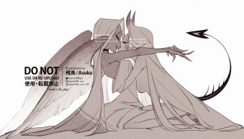 2girls angel_and_devil angel_wings breasts charlie_morningstar circle_facial_mark commentary completely_nude couple demon_girl demon_horns demon_tail facial_mark feathered_wings greyscale hazbin_hotel hellaverse highres hooves horns hug kiss long_hair monochrome multiple_girls nude spiked_tail symbol-only_commentary tail vaggie very_long_hair wings yume100_asu_hh yuri