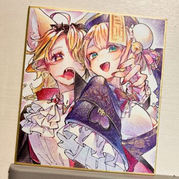 2girls ahoge akubi_darake alternate_costume alternate_hairstyle animal_ears arm_over_shoulder ascot blonde_hair blood_on_mouth bow bowtie breasts bun_cover center-flap_bangs collared_shirt commentary_request fangs fingernails fox_ears fox_girl frilled_sleeves frills green_eyes hair_ornament hair_over_one_eye hat highres hololive long_fingernails looking_at_viewer momosuzu_nene momosuzu_nene_(jiangshi) multiple_girls nail_polish official_alternate_costume official_alternate_hairstyle ofuda omaru_polka open_mouth pointy_ears purple_hat red_bow red_bowtie red_nails shirt sleeves_past_fingers sleeves_past_wrists smile traditional_media vampire vampire_costume virtual_youtuber white_ascot