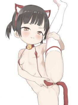 1girl :3 :d anal anal_beads anal_object_insertion anal_tail animal_ear_hairband animal_ears areola_slip bell black_hair blush breasts brown_eyes butt_plug cat_ear_hairband cat_ears cat_tail closed_mouth fake_animal_ears fake_tail fang fang_out hairband highres jingle_bell kok loli looking_at_viewer neck_bell nipples object_insertion open_mouth original paid_reward_available red_slingshot_swimsuit revision short_hair simple_background slingshot_swimsuit small_breasts smile solo split spread_pussy spread_pussy_under_clothes standing standing_on_one_leg standing_split swimsuit tail thighhighs twintails v-shaped_eyebrows white_background white_thighhighs