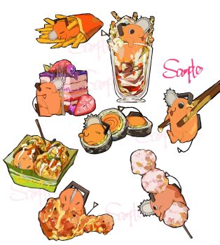 blueberry chainsaw chainsaw_man cheng10500 chicken_(food) chopsticks commentary cup drinking_glass food fork french_fries fried_chicken fruit handle highres holding holding_fork in_food no_humans pochita_(chainsaw_man) pull_cord sample_watermark shish_kebab strawberry sushi takoyaki watermark white_background