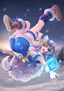 1girl ainu_clothes artist_name bilingual_commentary blue_hairband blue_shorts blue_socks bluesky_username boots bridal_gauntlets brown_boots brown_eyes brown_hair cape commentary dargain_x full_body fur-trimmed_boots fur_cape fur_trim hairband ice kneepits konril midair mixed-language_commentary open_mouth outdoors outstretched_arm rimururu samurai_spirits sheath sheathed short_hair shorts smile snow snowing socks solo teeth thigh_strap twitter_username upper_teeth_only white_bridal_gauntlets