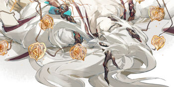 1boy closed_eyes hair_between_eyes hair_ornament horns ibaraki_douji_(onmyoji) japanese_clothes long_hair lying male_focus mississipping on_back onmyoji simple_background solo white_background white_hair