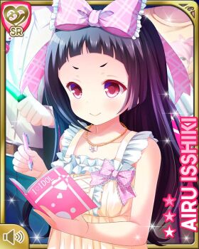 &gt;:) 1girl blunt_bangs bow breasts brown_hair camisole card_(medium) character_name frilled_camisole frills girlfriend_(kari) hair_bow holding holding_notepad holding_pen isshiki_airu jewelry large_breasts long_hair necklace notepad official_art pen pink_bow plaid_bow qp:flapper red_eyes shorts smile solo v-shaped_eyebrows white_camisole