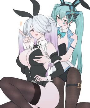 2girls absurdres animal_ears aqua_eyes aqua_hair bare_shoulders black_hairband black_leotard black_survival bow bowtie breasts brown_pantyhose brown_thighhighs buttons chiara_(black_survival) cleavage commentary detached_collar detached_sleeves earrings emma_hardy eternal_return:_black_survival gadeung_hye gradient_hair hair_bow hair_over_one_eye hair_ribbon hairband highleg highleg_leotard highres jewelry large_breasts leotard long_hair long_sleeves looking_at_another looking_at_viewer multicolored_hair multiple_girls official_alternate_costume open_mouth pantyhose playboy_bunny purple_eyes rabbit_ears ribbon thigh_strap thighhighs thighs twintails two_side_up very_long_hair vest white_vest wing_collar