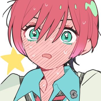 1girl amate_yuzuriha blush close-up commentary_request eyelashes fuji_(f_ukkami) full-face_blush gundam gundam_gquuuuuux highres red_hair short_hair simple_background solo star_(symbol) sweat white_background