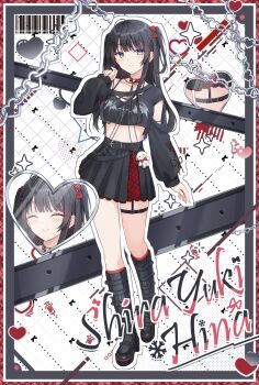 Rule 34 | 1girl, arm at side, black boots, black border, black hair, black shirt, black skirt, blue eyes, boots, border, bow, chain, character charm, character name, charm (object), choker, closed mouth, crop top, cropped shirt, full body, grid background, haedungi (shirayuki hina), hair bow, hair ornament, hand up, hashtag-only commentary, heart, heart o-ring, highres, long hair, long sleeves, miniskirt, multiple views, o-ring, o-ring choker, off-shoulder shirt, off shoulder, outline, pleated skirt, print shirt, red border, red bow, red choker, rieatco, shirayuki hina, shirt, single off shoulder, skirt, split mouth, standing, stellive, thigh strap, torn clothes, torn shirt, two side up, virtual youtuber, white background, white outline, wispy bangs, x hair ornament