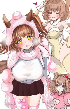 1girl animal_ears aston_machan_(umamusume) black_skirt blush breasts brown_hair cleavage_cutout clothing_cutout commentary_request green_eyes hanamura_pink highres horse_ears horse_girl horse_tail large_breasts leaning_forward leotard looking_at_viewer mittens multiple_views navel one_eye_closed one_side_up pink_scarf pink_thighhighs pleated_skirt pom_pom_(clothes) scarf short_hair sketch skirt smile sweater swimsuit tail thick_thighs thighhighs thighs umamusume white_sweater yellow_leotard