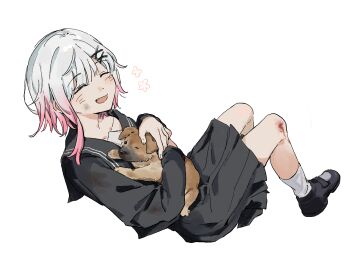1girl :d animal baby_animal black_serafuku black_shirt black_shoes black_skirt bleeding blood chinese_commentary closed_eyes commentary_request dog facing_viewer from_above full_body hair_ornament hairclip highres holding holding_animal holding_dog injury invisible_chair knee_injury long_sleeves mahou_shoujo_no_majo_saiban open_mouth pleated_skirt puppy sakuraba_ema school_uniform serafuku shirt shoes short_hair simple_background sitting skirt smile socks solo white_background white_socks yuu_(yuul0716)
