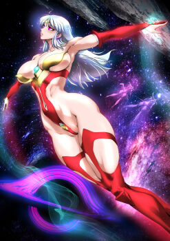 Rule 34 | 1girl, absurdres, black hole, breasts, bridal gauntlets, covered navel, gloves, highres, huge breasts, leotard, long hair, navel, original, outstretched arms, purple eyes, revealing clothes, solo, star (sky), thick thighs, thighhighs, thighs, white hair, yuri ai