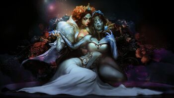 2girls absurdres black_hair black_lips black_nails blue_eyes blue_nails blue_sky breasts brown_eyes brown_hair brown_lips cleavage closed_mouth colored_skin commentary crying dress english_commentary eyelashes fingernails flower forehead forehead_jewel full_body ghost_bride_morgana glowing_hands hair_flower hair_ornament hand_grab highres la_ilusion_nidalee la_ilusion_renata_glasc large_breasts league_of_legends light lipstick long_hair looking_at_another looking_up makeup morgana_(league_of_legends) multiple_girls nidalee official_alternate_costume official_alternate_hairstyle parted_bangs parted_lips prestige_la_ilusion_renata_glasc renata_glasc sharp_fingernails sitting sky wanda_(wandakun) white_dress