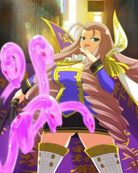 Rule 34 | 1girl, :d, alley, antenna hair, armband, ass, black skirt, blue eyes, boots, breasts, cape, cat o' nine tails, cleavage, collar, drill hair, epaulettes, frilled collar, frills, game cg, gluteal fold, gold trim, high collar, holding, holding whip, huge breasts, kochou (senran kagura), long hair, long sleeves, looking at viewer, multiple snakes, official alternate costume, official art, ojou-sama pose, open mouth, purple cape, purple shirt, red armband, senran kagura, senran kagura new wave, shirt, skirt, smile, snake, solo, square neckline, thigh boots, thighhighs, two-tone cape, very long hair, whip, white cape, white thighhighs