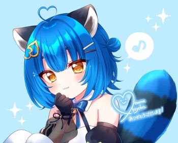 1girl :3 animal_ears artist_name bare_shoulders black_gloves blue_background blue_bow blue_hair blush bow chromashift closed_mouth commentary detached_collar english_commentary eyelashes fang gloves hair_bun hair_ornament hairclip heart highres key leaf_hair_ornament musical_note poko_rakun raccoon_ears raccoon_girl raccoon_tail ribbon second-party_source see-through_clothes see-through_sleeves short_hair simple_background single_side_bun smile solo sparkle spoken_musical_note tail tama_dot translation_request virtual_youtuber wrist_ribbon yellow_eyes