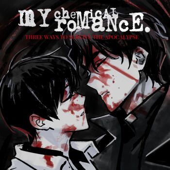 Rule 34 | 2boys, black coat, black hair, black shirt, blood, blood on face, blood splatter, closed eyes, coat, collared shirt, facing another, from side, head tilt, highres, keomikan, kim dokja, male focus, multiple boys, my chemical romance, omniscient reader's viewpoint, open clothes, open coat, parody, parted lips, popped collar, portrait, shirt, short hair, three cheers for sweet revenge, white coat, yoo joonghyuk
