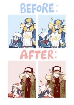 1boy 1girl 79x_(ox79xo) akari_(pokemon) blonde_hair blue_eyes blue_hair dawn_(pokemon) english_text evil_smile hair_over_one_eye hat height_difference highres long_hair nintendo official_alternate_costume pokedex pokemon pokemon_dppt pokemon_legends:_arceus pokemon_platinum short_hair smile volo_(pokemon)