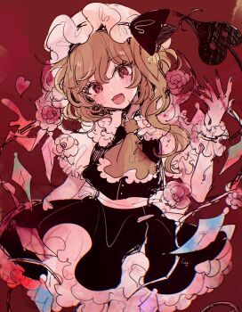 Rule 34 | 1girl, alternate color, black skirt, black vest, blonde hair, blush, collared shirt, commentary request, crystal, crystal wings, fang, fingernails, flandre scarlet, frilled shirt collar, frills, hat, heart, highres, laevatein (touhou), long fingernails, long hair, looking at viewer, mob cap, mozukuzu (manukedori), multicolored wings, one side up, open mouth, red background, red eyes, shirt, skirt, skirt set, smile, solo, touhou, vest, white hat, white shirt, wings, wrist cuffs