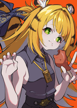 Rule 34 | 1girl, animal ear fluff, animal ears, blonde hair, colored inner hair, commentary, green eyes, highres, jacket, ju fufu, kurenairan77, long hair, looking at viewer, multicolored hair, solo, striped fur, striped hair, symbol-only commentary, tiger ears, tiger girl, white hair, zenless zone zero