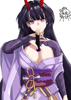 2girls absurdres alternate_universe arm_up asymmetrical_sleeves blunt_bangs breasts bridal_gauntlets chibi cleavage closed_mouth clothing_cutout cosplay drawing_sword eyeliner friends genshin_impact head_tilt highres holding holding_sword holding_weapon honkai_(series) honkai_impact_3rd horns human_scabbard in-franchise_crossover japanese_clothes katana kiana_kaslana kimono korean_commentary large_breasts light_smile long_hair looking_at_viewer makeup mihoyo multicolored_eyes multiple_girls off_shoulder pink_lips portal_(object) purple_eyes purple_kimono pyeong_il raiden_mei raiden_mei_(herrscher_of_thunder) raiden_shogun raiden_shogun_(cosplay) red_eyeliner red_horns red_pupils red_sash sash sawashiro_miyuki shade shoulder_cutout solo_focus standing sword uneven_sleeves upper_body voice_actor_connection weapon white_background wide_sleeves