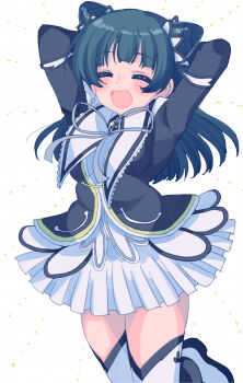 1girl :d ^_^ black_jacket blue_hair blush breasts brooch closed_eyes commentary cone_hair_bun cowboy_shot cream_(nipakupa) dark_blue_hair double_bun dress facing_viewer grey_ribbon hair_bun jacket jewelry legs_up long_hair long_sleeves love_live! love_live!_sunshine!! love_live!_sunshine!!_the_school_idol_movie_over_the_rainbow medium_breasts neck_ribbon official_alternate_hairstyle open_mouth ribbon short_dress smile solo thighhighs tsushima_yoshiko white_dress white_thighhighs