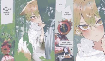 Rule 34 | 1boy, 1other, animal ears, bad id, bad twitter id, blonde hair, close-up, collared shirt, commentary, dante (limbus company), e.g.o (project moon), fox ears, fox tail, hair between eyes, highres, inactive account, jacket, korean commentary, korean text, light frown, limbus company, looking at viewer, male focus, maratang, object head, outdoors, project moon, raincoat, red jacket, shirt, short hair, sinclair (project moon), speech bubble, sunshower (e.g.o), sweatdrop, tail, thought bubble, upper body, yellow eyes