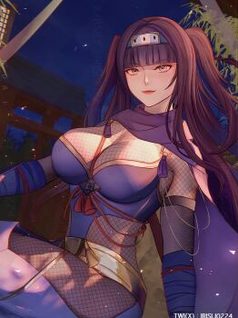 1girl arm_blade black_hair blunt_bangs bodystocking breasts cleavage covered_navel fire_emblem fire_emblem_awakening fire_emblem_heroes fishnet_bodystocking fishnet_leotard fishnets headband highres irisli0224 japanese_clothes large_breasts leotard long_hair looking_at_viewer ninja nintendo official_alternate_costume scarf solo tharja_(fire_emblem) tharja_(ninja)_(fire_emblem) twintails two_side_up weapon