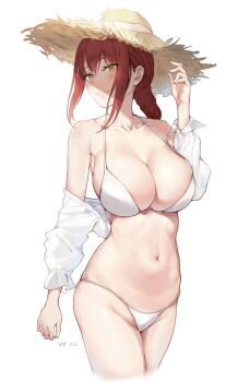 1girl arm_at_side artist_name bikini braid braided_ponytail breasts chainsaw_man chinese_commentary closed_mouth collarbone commentary_request cropped_legs hand_up hat highres large_breasts long_hair looking_at_viewer makima_(chainsaw_man) navel red_hair ringed_eyes sidelocks simple_background smile solo standing stomach sun_hat swimsuit vv-zz white_background white_bikini yellow_eyes