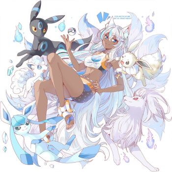 alolan_form alolan_ninetales alolan_vulpix alternate_color animal_ears blue_hair breasts cosplay dark-skinned_female dark_skin eevee fox_ears gen_1_pokemon gen_2_pokemon gen_4_pokemon gen_7_pokemon glaceon hitodama long_hair medium_breasts navel nessa_(pokemon) nessa_(pokemon)_(cosplay) nintendo original pokemon pokemon_(creature) pokemon_swsh shiny_pokemon shorts srinitybeast umbreon very_long_hair white_hair