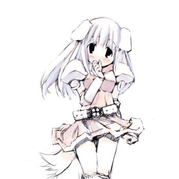 Rule 34 | 1girl, animal ears, armor, bad id, belt, black eyes, blush, cowboy shot, dog ears, dog girl, dog tail, dress, floppy ears, ganges gawa, grey hair, hand up, long hair, looking at viewer, lord knight (ragnarok online), lowres, pauldrons, pink dress, ragnarok online, shoulder armor, simple background, solo, tail, white background, white belt