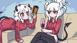 Rule 34 | 2girls, black pants, couch, cup, demon girl, demon horns, demon tail, drinking glass, heart, heart-shaped pupils, helltaker, holding, holding cup, holding ticket, horns, kyo-hei (kyouhei), lucifer (helltaker), modeus (helltaker), multiple girls, pants, red shirt, red sweater, shirt, sweater, symbol-shaped pupils, tail, ticket, white hair, wine glass