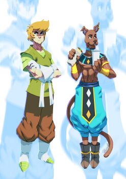 2boys abs adapted_costume animal_collar animal_ears ankle_boots baggy_pants beerus beerus_(cosplay) belt boots brown_fur brown_hair collar commentary commission cosplay crossed_arms crossover cup disposable_cup dog_boy dog_ears dog_tail dragon_ball dragon_ball_super drinking_straw earclip english_commentary facial_hair food food_on_face furry furry_male gloves highres holding holding_food male_focus multiple_boys muscular pants personification pointy_boots scooby-doo scooby-doo_(character) shaggy_rogers shoes snout stubble tail topless_male tovio_rogers vambraces white_belt white_gloves zoom_layer