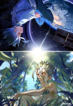 1boy aged_down alternate_universe artist_name belt blue_hair blue_pants blurry blurry_foreground closed_mouth commentary_request cracked_skin day dr._stone earrings earth_(planet) facing_another floating foca_(sello20582612) from_side grass green_hair highres ishigami_senkuu jewelry knee_up knees_up leaf looking_at_another looking_up male_focus multicolored_hair multiple_boys nude on_grass on_ground outdoors pants planet plant red_eyes shirt short_hair short_sleeves sitting sky smile space spiked_hair split_screen sun sunlight topless_male tree upside-down white_shirt