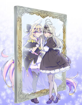 Rule 34 | 2girls, absurdres, against mirror, antenna hair, back bow, black bow, black bowtie, black capelet, black dress, black ribbon, black shoes, black thighhighs, blonde hair, bow, bowtie, braid, brooch, brown hair, capelet, casual, closed mouth, commentary, crown braid, cure arcana shadow, dress, dual persona, frilled capelet, frills, gradient hair, grey pantyhose, hair intakes, hair ribbon, hamuhamufa, heart, heart brooch, high heels, highres, jewelry, juliet sleeves, layered dress, light frown, long hair, long sleeves, looking at viewer, looking back, magical girl, medium dress, meitantei precure!, mirror, moria luluka, multicolored hair, multiple girls, pantyhose, precure, puffy sleeves, purple eyes, purple veil, reflection, ribbon, shoes, short sleeves, standing, thighhighs, tiptoes, veil, very long hair