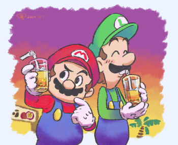2boys blue_overalls brothers brown_hair closed_eyes dated drinking drinking_straw facial_hair gloves green_hat hat highres luigi male_focus mario mario_&amp;_luigi_rpg mario_(series) multiple_boys mustache nintendo overalls palm_tree red_hat siblings sunset tree vina_(silance) white_gloves