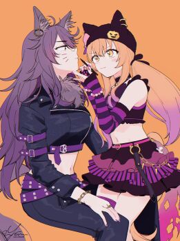 Rule 34 | 2girls, absurdres, animal ear fluff, animal ear headwear, animal ears, artist name, bandaid, bandaid on face, bandaid on nose, bead bracelet, beads, belt, black hat, black jacket, black pants, black shirt, blush, bracelet, breasts, closed mouth, clothing cutout, colored tips, cropped jacket, detached sleeves, drawing on another's face, drawn whiskers, ear piercing, fake animal ears, gradient hair, hat, highres, holding, holding marker, horse girl, horse tail, invisible chair, jacket, jewelry, layered skirt, long hair, looking at another, low twintails, marker, mayano top gun (rockin' mewmeow) (umamusume), mayano top gun (umamusume), medium breasts, midriff, miniskirt, multicolored hair, multiple girls, narita brian (apoyando of the roar) (umamusume), narita brian (umamusume), navel, orange background, orange hair, pants, piercing, purple hair, ring, shirt, signature, sitting, skirt, sleeveless, sleeveless shirt, small breasts, smile, standing, tail, tail through clothes, twintails, twitter username, umamusume, wolf ears, yonu (yonurime)