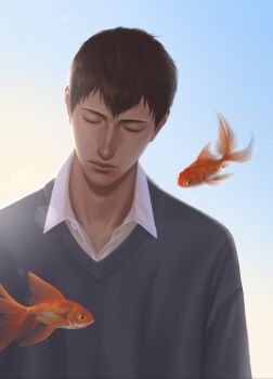 1boy absurdres aleve0420 bertolt_hoover blue_sky brown_hair closed_eyes closed_mouth collared_shirt fish goldfish grey_sweater highres lens_flare male_focus shingeki_no_kyojin shirt shirt_under_sweater short_hair sky solo sweater upper_body white_shirt