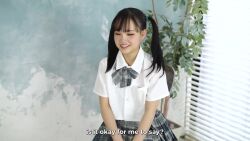 1boy 1girl animated asian bare_legs blue_background blush bow chair close-up collared_shirt denim embarrassed english_text feet_out_of_frame from_side green_shirt grey_bow group_sex highres implied_sex interview japanese_(nationality) jav kudou_rara looking_at_another plant real_life school_uniform shirt short_hair short_sleeves sitting socks spread_legs subtitled tagme twintails very_short_hair video white_background white_shirt white_socks