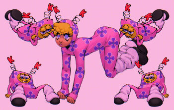 absurdres all_fours animification ass blonde_hair blue_eyes cosplay dreamscreep eyelashes floral_print girly_boy highres humanization jumpsuit kuddly_krab_uniform leg_warmers official_alternate_costume smile spongebob_squarepants spongebob_squarepants_(series)