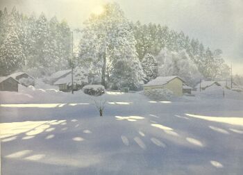 abe_toshiyuki commentary_request dappled_sunlight day highres house no_humans original outdoors painting_(medium) pine_tree scenery snow sun sunlight traditional_media tree utility_pole watercolor_(medium) winter