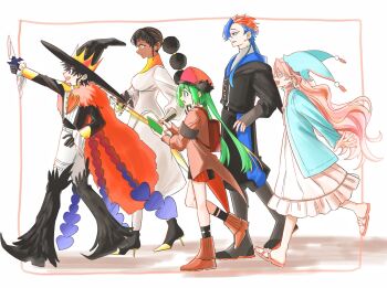 2boys 3girls black_hair blue_dress blue_eyes blue_hair blush braid breasts checkered_hat commentary_request dark-skinned_female dark_skin desscaras dress earrings gloves gokuraku_(madan_no_ichi) green_eyes green_hair hair_bun hat highres holding holding_knife ichi_(madan_no_ichi) jacket jewelry jikishirone knife kumugi_(madan_no_ichi) long_hair long_sleeves madan_no_ichi multicolored_hair multiple_boys multiple_girls open_mouth piercing pink_hair ribbon riei shirt short_hair skirt smile striped_clothes striped_headwear turtleneck twintails very_dark_skin walking weapon witch yellow_eyes