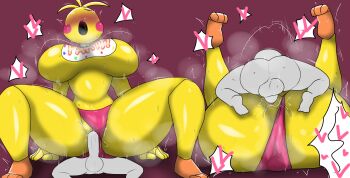 1boy 1girl :o absurdres age_difference ahoge animatronic ass breasts chica colored_skin enigi09 five_nights_at_freddy's grey_skin heart hetero highres huge_ass huge_breasts large_penis legs_up lying lying_on_person mating_press on_person open_mouth penis reverse_cowgirl_position robophilia robot robot_girl shota size_difference speech_bubble straddling testicles toy_chica vaginal