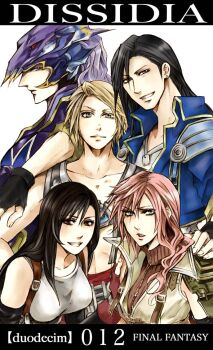 2girls 3boys arm_around_shoulder armor bare_shoulders black_gloves black_hair black_sleeves blue_eyes blue_jacket breasts cain_highwind closed_mouth collarbone commentary_request copyright_name crop_top detached_sleeves dissidia_012_final_fantasy dissidia_final_fantasy earrings final_fantasy final_fantasy_iv final_fantasy_vii final_fantasy_viii final_fantasy_xii final_fantasy_xiii fingerless_gloves gloves grin hair_between_eyes hair_over_shoulder hand_on_another&#039;s_shoulder jacket jewelry laguna_loire large_breasts light_brown_hair lightning_farron long_hair looking_at_viewer multiple_boys multiple_girls parted_lips pink_hair purple_armor red_eyes red_gloves short_hair single_earring single_shoulder_pad smile suspenders sweater swept_bangs tank_top tifa_lockhart ttt turtleneck turtleneck_sweater upper_body vaan_(ff12) vest white_tank_top zipper